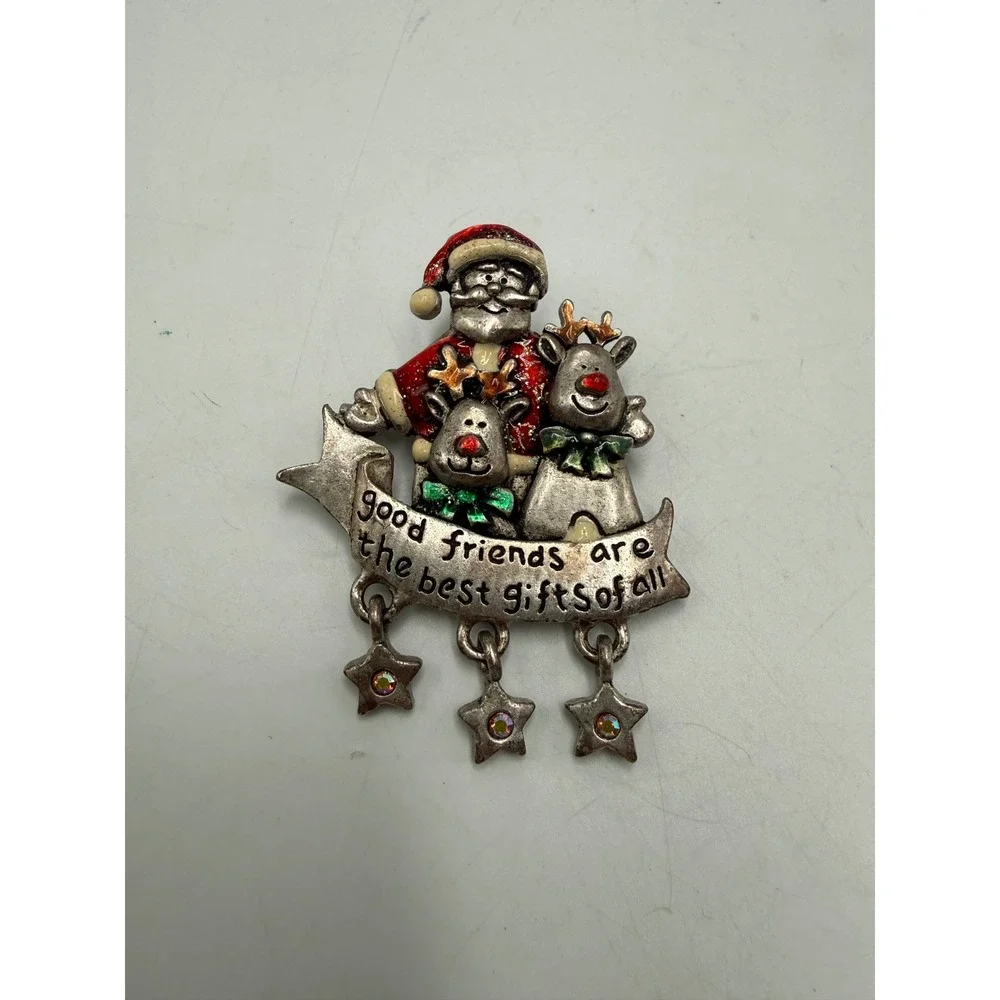 AJMC Santa Reindeer Christmas Brooch Pin Silver Tone Good Friends Banner Stars